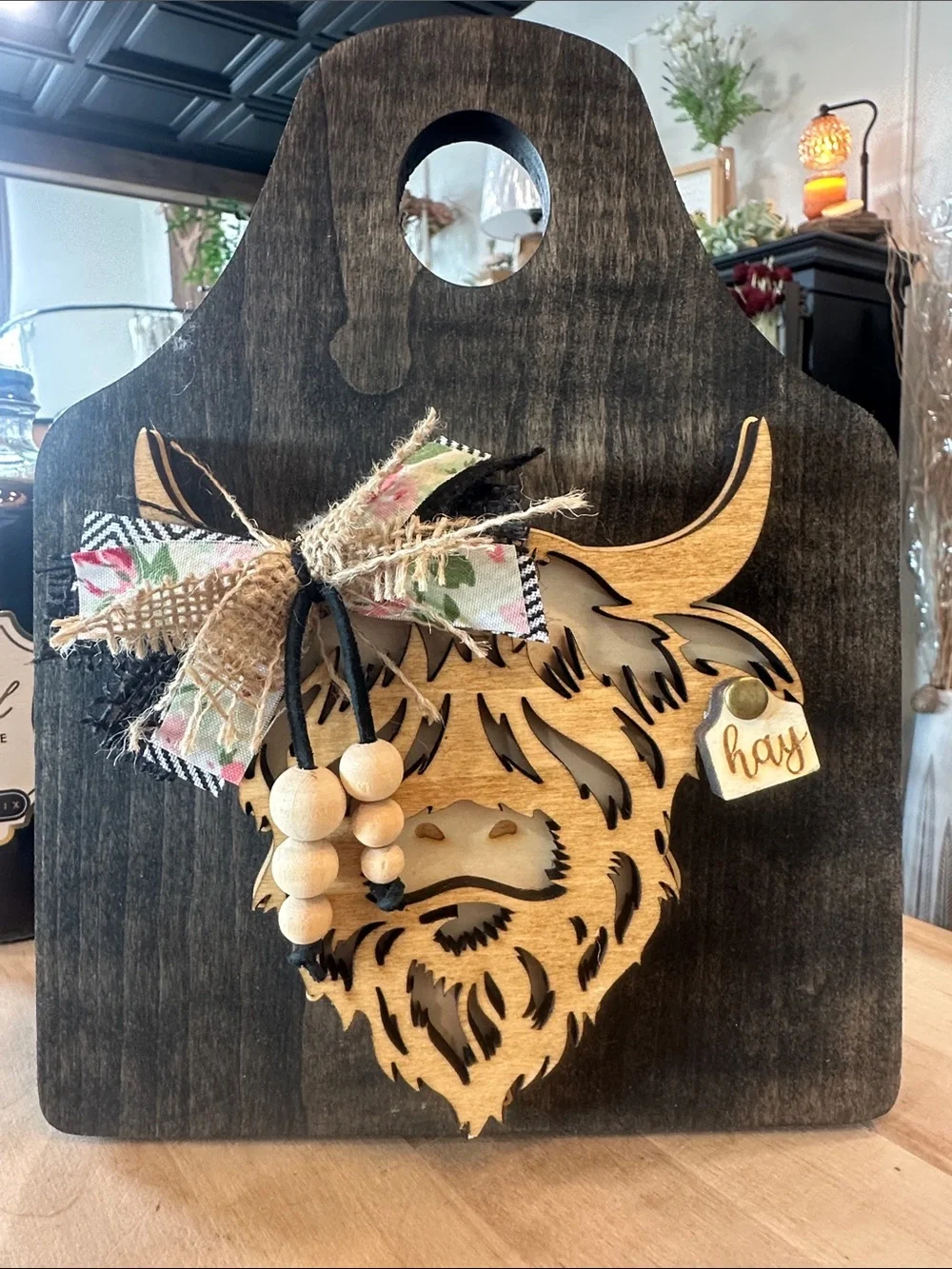 Wooden Highland Cow Wall Accent in Black and Natural